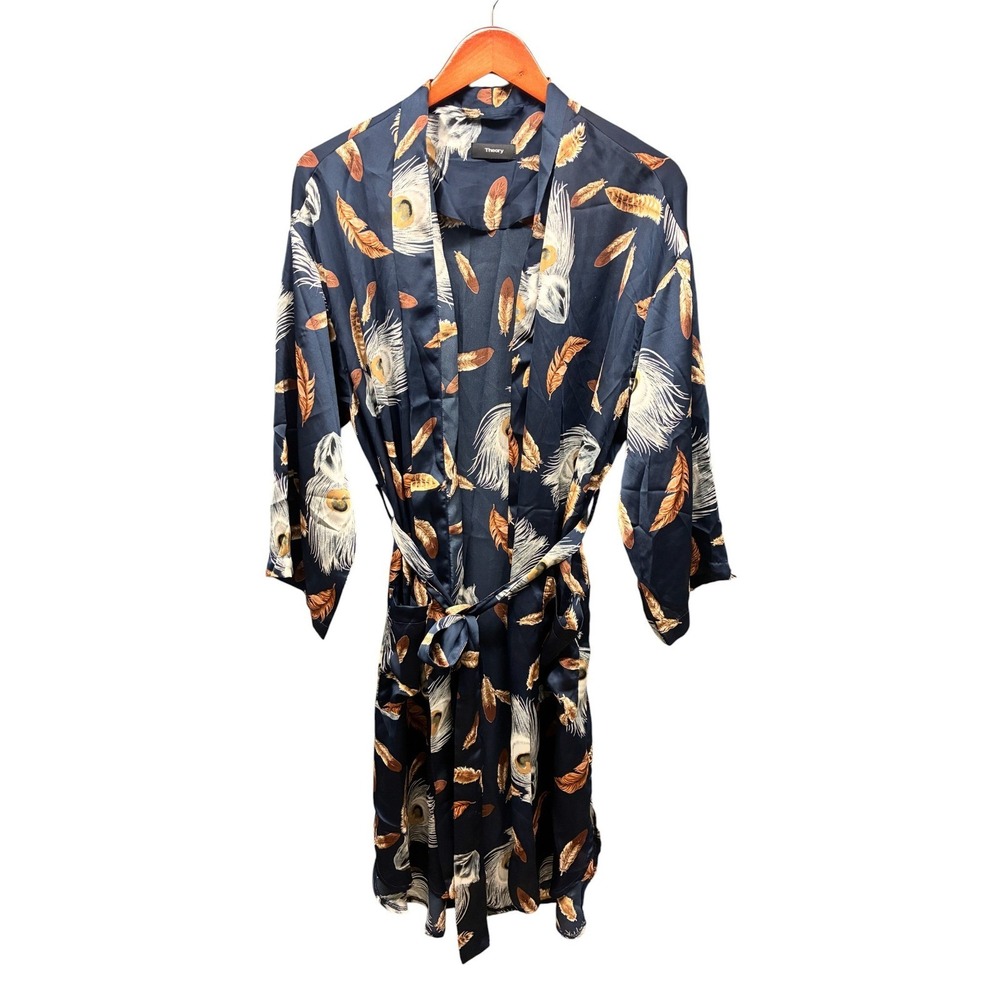 Theory Kimono Robe Women's One Size Blue Feather Print Lightweight Belted